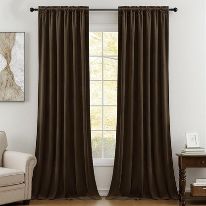 Brown Brown Velvet Curtains 96 Inches for Bedroom, Light Blocking Thermal Curtain Elegant Soundproof Soft Luxury Room Darkening Window Drapes for Living Room, Back Tab Rod Pocket, W52 x L96, 2 Pcs