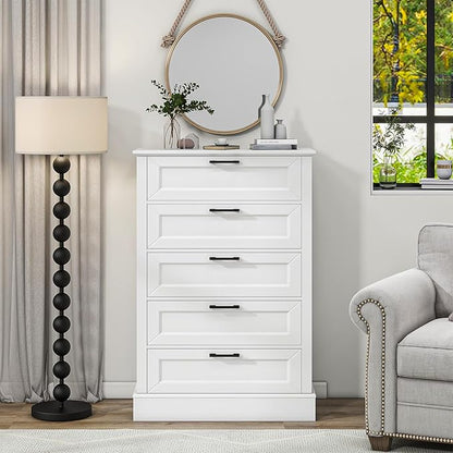 White Dresser for Bedroom, Wood Dresser with 5 Drawers, Chest of Drawer for Bedroom Living Room Entryway Hallway, Modern Farmhouse Style Black Handles 47" Tall