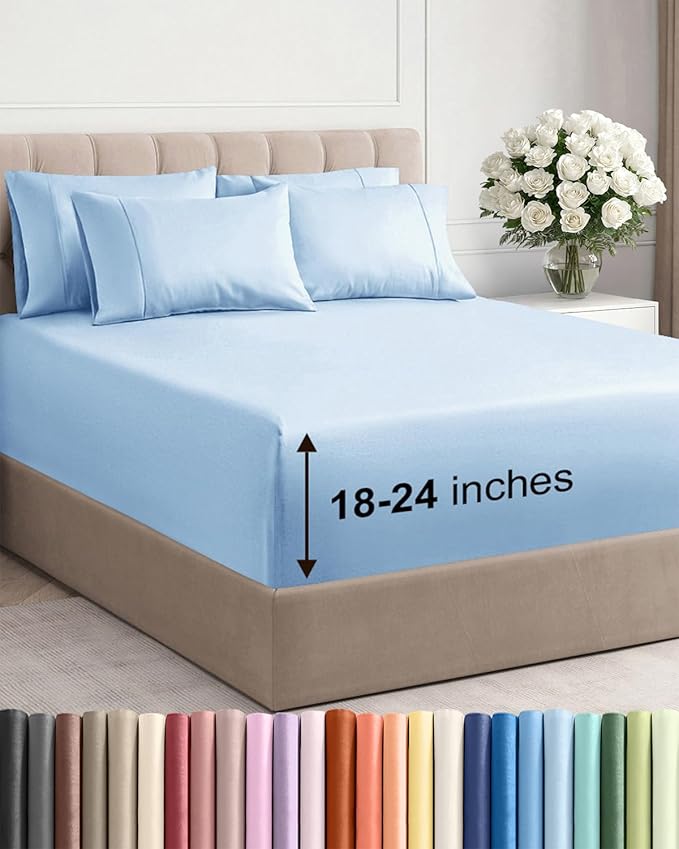 Extra Deep Cal King Sheet Set - 6 Piece Breathable and Cooling Sheets - Hotel Luxury Bed Sheets Set - Easy Fit - Soft, Wrinkle Free and Comfy Sheets Set - Light Blue Sheet Set with Extra Deep Pockets