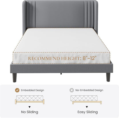 SHA CERLIN Full Size Velvet Upholstered Platform Bed Frame with Vertical Channel Tufted Wingback Headboard, Wooden Slats Support, Easy Assembly, Under Bed Storage, No Box Spring Required, Grey