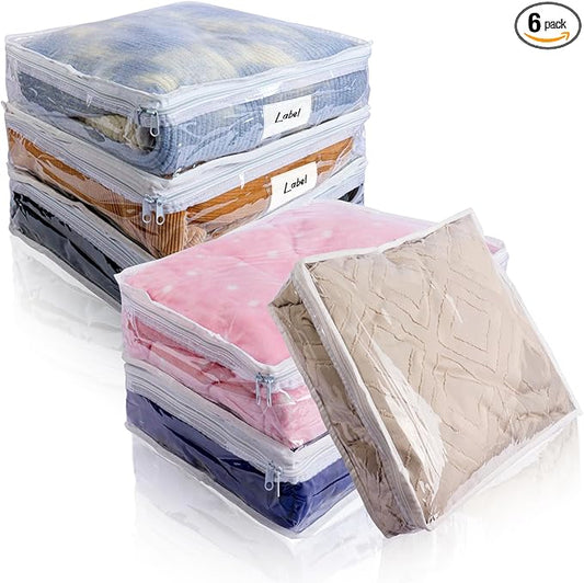 Clear Zippered Storage Bags Plastic Sweater Storage Bags with Zipper 6 Packs Clothing Organizer for Blankets Linen Sweater Bed Sheet Quilt Clothes Pillow (15.7 x 13.8 x 3.9 Inch)