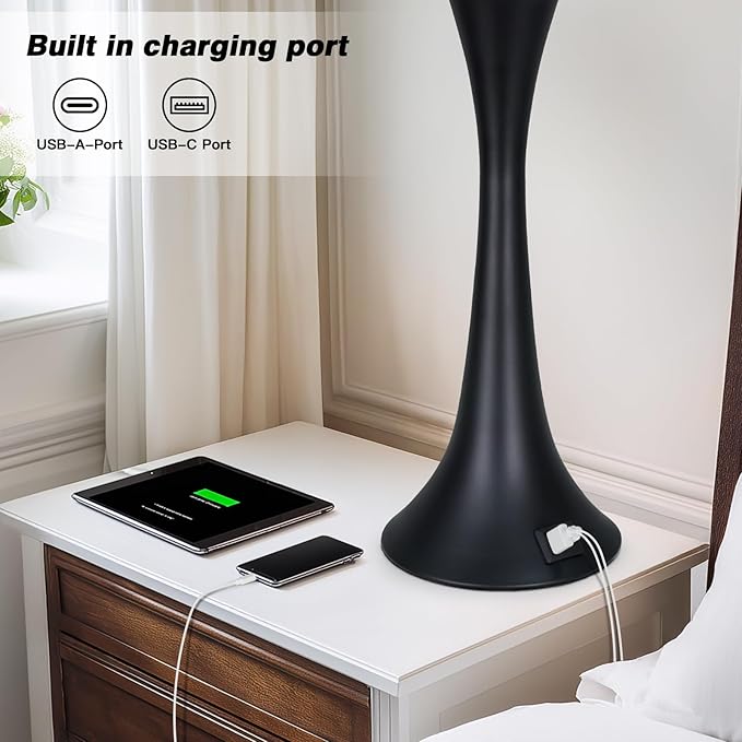 27.5" Table Lamps Set of 2, Touch Bedside Lamps with USB C+A Ports, 3 Way Dimmable Nightstand Lamps for Bedroom, Living Room, Office, Black Lamp with Beige Lampshade, Bulbs Included
