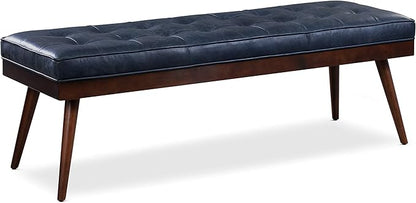 POLY & BARK 55" Tufted Leather Bed Bench for Bedroom End of Bed - Living Room Entry Way Bench - Pure Italian Leather Upholstery with a Solid Wood Frame - Ottoman Bench with Wooden Legs - Midnight Blue