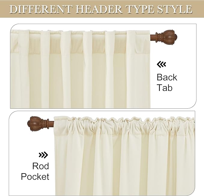 RYB HOME Velvet Curtains 63 inches Length, Back Tab & Rod Pocket Soft Fabric Curtains & Drapes for Bedroom Bathroom Cafe, Cream White, W 42 x L 63, 2 Panels Set