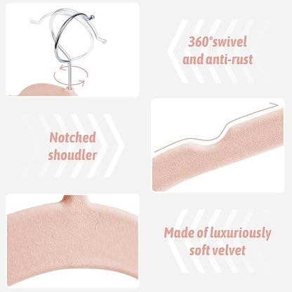 Premium Velvet Shirt Hangers 50 Pack, Non-Slip 360° Swivel Hook Space-Saving Felt Hanger, Slim Flocked Hangers for Blouses, Strappy Dresses, Tank Tops(Pink)