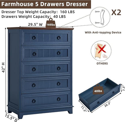 Farmhouse Chest of Drawers with Storage, 42" Tall Dresser for Bedroom, 5 Drawer Navy Blue Dresser with Metal Handle, Organizer Closet for Living Room, Hallway, Entryway