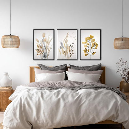 YCJKJDZ Framed Beige Botanical Canvas Wall Art Set of 3, Boho Watercolor Wildflower Pampas Grass Poster Neutral Leaf Art Fall Nature plant Prints for Living Room, Bedroom, Office, – 16x24 in