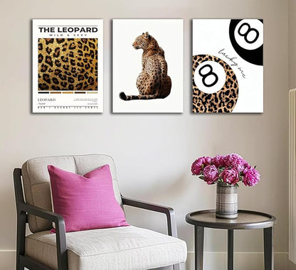 Trendy Leopard Framed Set of 3 Canvas Poster Prints,Picture Modern Artwork Wall Art for Home Décor,Perfect for Adds Wilderness & Elegance to Living Room,Bedroom or Any Interior Space,16Lx12W