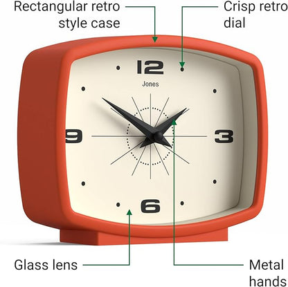 JONES CLOCKS® Film Desk Clock | Retro Rectangular Design | Orange | Retro Design, Blending mid Century Style with a Punchy Modern Finish for Shelf, Table, Mantel or Bedside