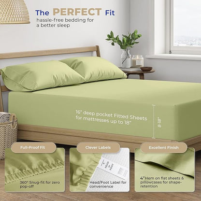 THREAD SPREAD 100% Cotton Split King Sheets - 400 Thread Count 5 PC Hotel Quality Sheet for Adjustable Bed, Ultra Soft, 16" Deep Pocket Split King Bed Sheet (Sage Green)