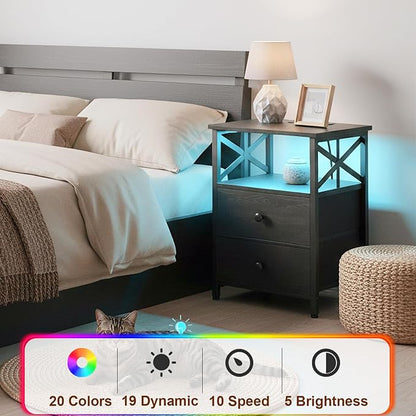 AMHANCIBLE Night Stand Set 2, LED Nightstand with Charging Station, End Tables Living Room with Fabric Drawers, Bed Side Table for Bedroom, Black, HET052LBK