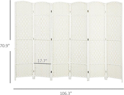 HOMCOM 6 Panel Room Divider, 6' Tall Folding Privacy Screen, Hand-Woven Freestanding Wall Partition for Home Office, Bedroom, White