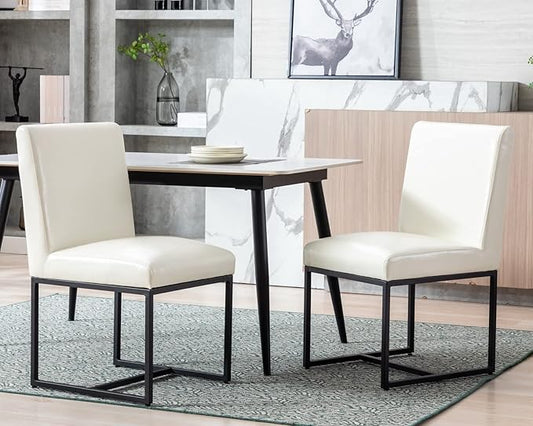 CIMOTA Modern Dining Chairs Set of 2, Leather Dining Room Chairs Upholstered Armless Guest Side Chair with Black Base for Dining Room/Kitchen, Cream 2PCS