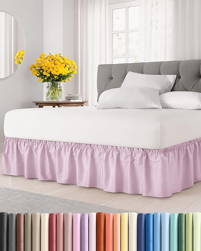 Wrap Around Dust Ruffle Bed Skirt - Light Pink - for King Size Beds with 24 Inch Drop - Elastic Strap - Adjustable Pleated Bedskirt with Brushed Fabric and Wrinkle Free - for Women, Men, Kids & Teens