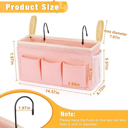Lilithye Bedside Organizer with Fixed Straps and Water Bottle Holder for Home, College, Dorm, Bunk, Hospital, Crib, Bed Rails - Pink