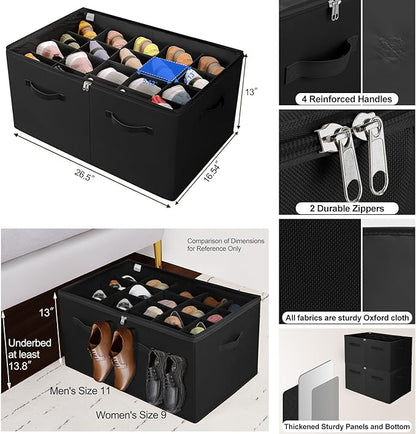 Shoe Organizer for Closet 2 Pack, Foldable Shoe Box with Adjustable Divider and Clear Cover, Space Saving Shoe Storage Organizer Cabinet with Reinforced Handles, Fits 40 Pair, Black, TP11B