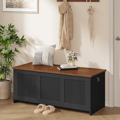 HOOBRO Storage Bench, 43.3" Retro Wooden Storage Chest, Wooden Storage Trunk, Toy Chest with Lift Top, Multifunctional Entryway Organizer, for Entryway, Living Room, Black and Walnut BH411CW01