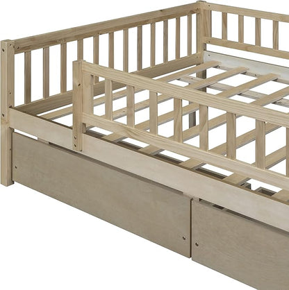 Bellemave Full Size Bed Frames with Rails for Kids, Full daybed Frame with Drawers for Boys/Girls/Adults， Natural