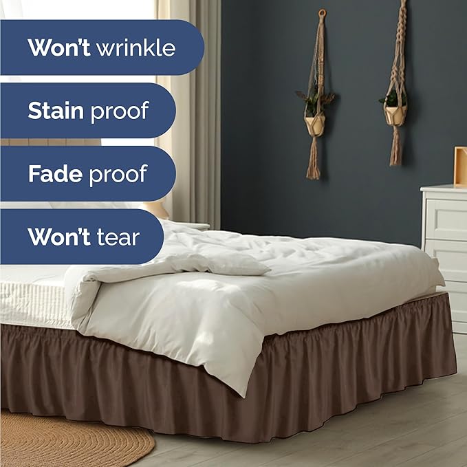 Wrap Around Dust Ruffle Bed Skirt - Brown - for Queen Size Beds with 18 Inch Drop - Easy Fit Elastic Strap - Adjustable Pleated Bedskirt w/Brushed Fabric - Wrinkle Free - for Women, Men, Kids & Teens