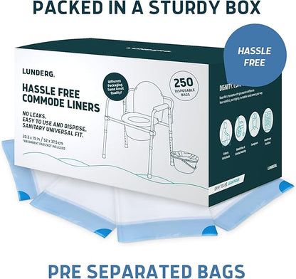 Lunderg Commode Liners - Value Pack 250 Count Universal Fit - Medical Grade Bedside Commode Liners Disposable for Adult Commode Chair, Portable Toilet Bags or Camping Toilet Bags