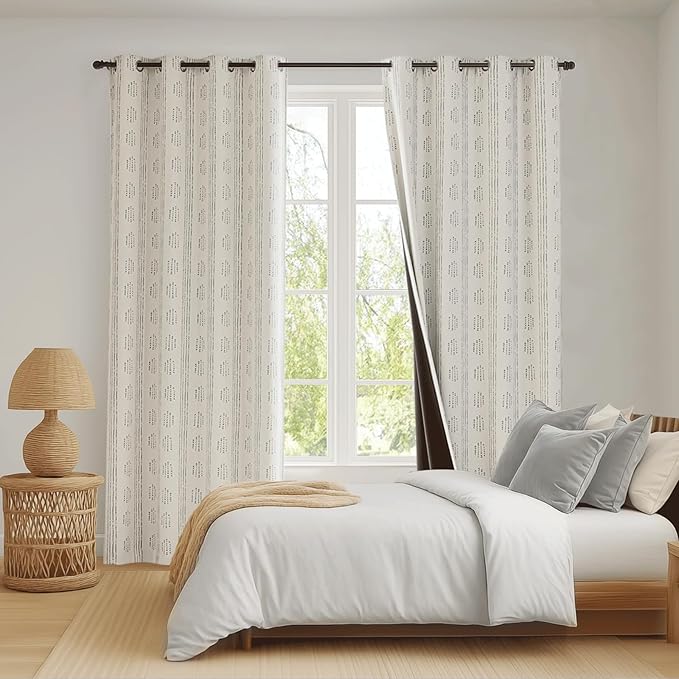100% Boho Blackout Curtains 63 Inches Long for Bedroom, Grey on Beige Patterned Bohemian Curtains for Living Room, Geometric Striped Thermal Insulated Window Drapes Gromment Top 2 Panels