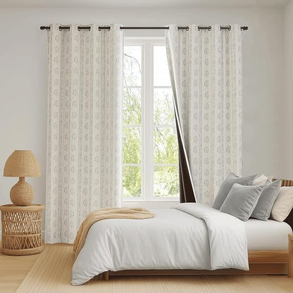 100% Boho Blackout Curtains 84 Inches Long for Bedroom, Grey on Beige Patterned Bohemian Curtains for Living Room, Geometric Striped Thermal Insulated Window Drapes Gromment Top 2 Panels