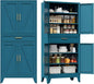 COFaR Farmhouse Storage Kitchen Pantry Cabinet with 4 Barn Door, 4 Adjustable Shelves, Drawer and Legs, for Cupboard/Dining Room/Bathroom/Living Room/Office/Laundry Room(Blue Green, 71" Metal Cabinet)