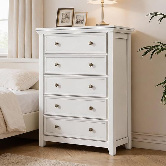 White Dresser for Bedroom,5 Chest of Drawers Dresser,Tall Nightstand Modern Clothes Organizer Cabinet Dressers for Bedroom,Closets,Hallway