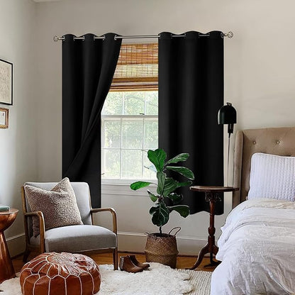 BGment Thermal Insulated 100% Blackout Curtains for Bedroom with Black Liner, Double Layer Full Room Darkening Noise Reducing Grommet Curtain (38 x 63 Inch, Black, 2 Panels)