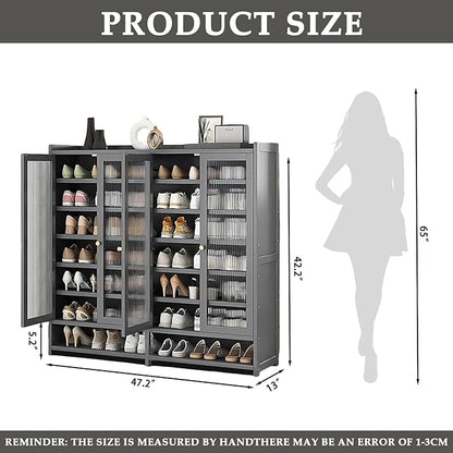 Bamboo Shoe Cabinet, 36-40 Pairs 8 Tier Shoe Rack with Doors, Freestangding Shoe Cabinet Organizer with Shelves, 43" Tall Shoe Rack Organizer for Entryway, Closet, Hallway