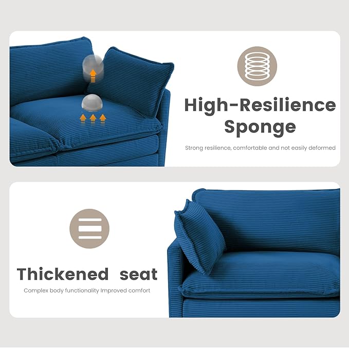 78'' Sectional Modular 2 Seat Cloud Loveseat, Oversized Love Seat 2 Seat Sofa with 2 Throw Pillows, Upholstered Corduroy Sofa Comfy Deep Couches for Living Room and Office, Blue