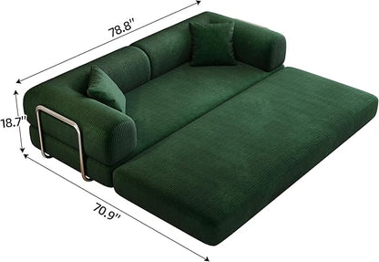 79" Convertible Sofa Bed, Corduroy Folding Pull Out Couch with Pillows, No Assembly Modern Boneless Couch Compression Sofa in Box, Floor Sofa with Support Rods for Living Room,Dark Green