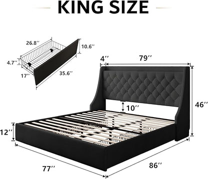 iPormis King Bed Frame with 4 Storage Drawers, Upholstered Platform Bed Frame with Type-C & USB Ports, Wingback Storage Headboard, Solid Wood Slats, No Box Spring Needed, Black