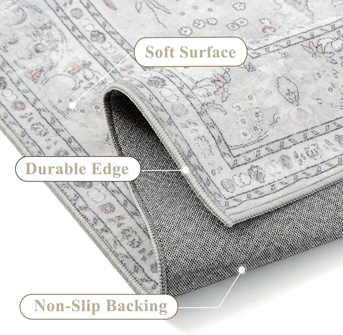 Grey 2x3 Area Rug Washable Vintage Small Carpet for Entryway Kitchen Soft Retro Floral Low Pile Thin Door Mat Non Slip Central Medallion Throw Rug for Bathroom Office Bedroom Dining Room