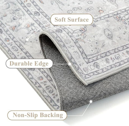 Grey 2x3 Area Rug Washable Vintage Small Carpet for Entryway Kitchen Soft Retro Floral Low Pile Thin Door Mat Non Slip Central Medallion Throw Rug for Bathroom Office Bedroom Dining Room