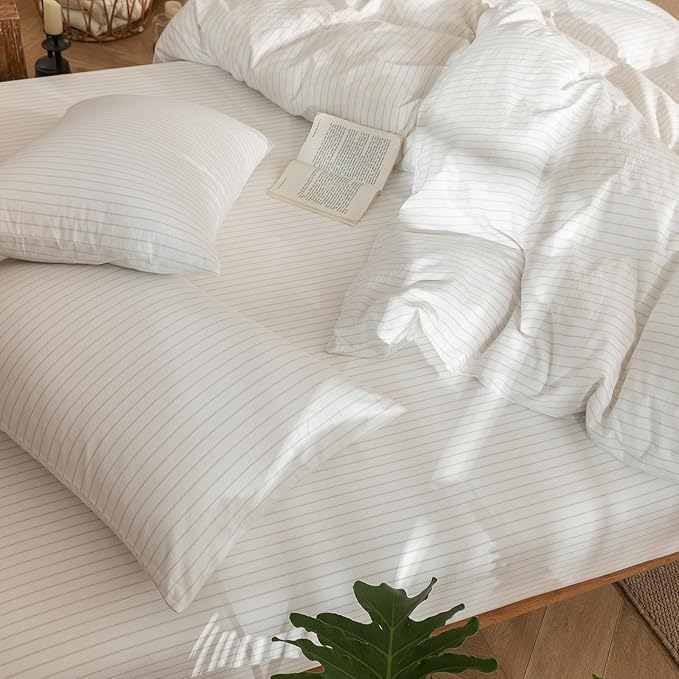 MooMee Striped Duvet Cover Set 100% Washed Cotton Linen Like Textured Breathable Durable Soft Comfy (White Almond Milk Grey Wide Stripes, Oversized Full 82"x86")