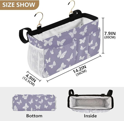 Bedside Caddy Hanging Bunk Bed Caddy Bed Organizer Hanging Pocket with 2 Hooks Bedside Storage Organizer Pocket Bag Holder White Butterfly Purple