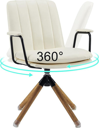 Art Leon Desk Chair No Wheels, Set of 2, Mid Century Modern Swivel Chair with Oak Wood Legs, Faux Leather Home Office Desk Chairs for Bedroom Living Room, Off White