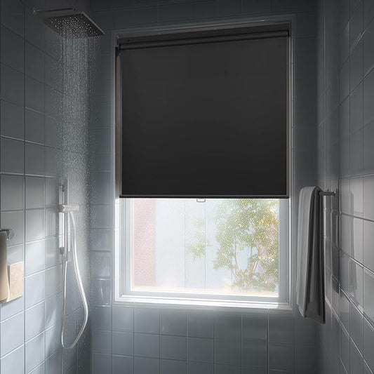 HESTIA No Drill Cordless Blackout Roller Shades Screwless Waterproof Shower Window Blinds, Auto-Retraction Easy Install Blind for Bathroom/Kitchen/Office/Exterior, Black, 57.5" W x 72" H