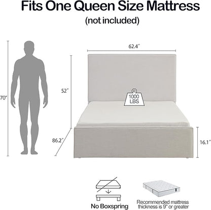 Queen Size Upholstered Bed Frame, 52" High Headboard Wingback Bedframe, Lucas Tall Headboard Floor Platform Beds, No Box Spring Needed No Noise/Minimalist, Textured Lvory Canvas Chenille