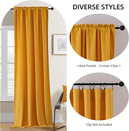 Joydeco Yellow Velvet Curtains 120 inch Length 2 Panels, Luxury Blackout Rod Pocket Thermal Insulated Window Curtains, Super Soft Room Darkening Drapes for Living Dining Room Bedroom,W52 x L120 inches