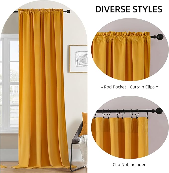 Joydeco Yellow Velvet Curtains 96 inch Length 2 Panels, Luxury Blackout Rod Pocket Thermal Insulated Window Curtains, Super Soft Room Darkening Drapes for Living Dining Room Bedroom,W52 x L96 inches