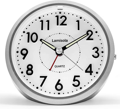 4 Inch Analog Battery Travel Alarm Clocks for Bedrooms, Small Desk Clock, Alarm Clocks for Bedrooms Bathroom Kithchen Home Office, Old School Bedside Table Nightstand Clock Decor, Silver