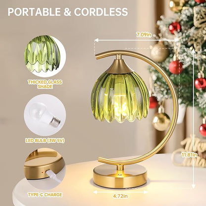 Tulip Table Lamp with 5200mAh Battery & Touch Control, Cordless Lamp with 3 Color Temperatures Clear Bulb, Rechargeable Small Table Lamps for Living Room, Bedside, Nightstand (Green Tulip)