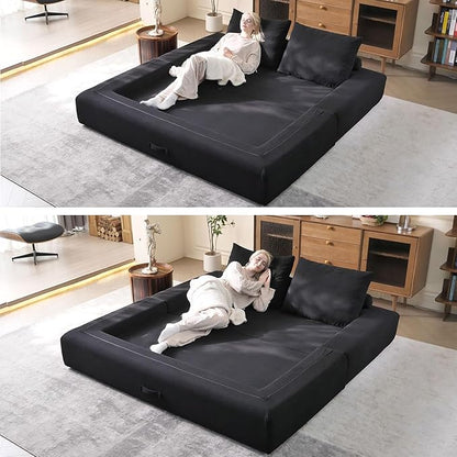 79'' Convertible Sleeper Sofa Bed, 3-in-1 Foldable Floor Couch with Corduroy Upholstery, No Assembly Loveseat, Light Brown Lounge Mattress for Living Room, Studio, Guest Room (Black)
