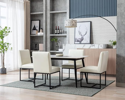 CIMOTA Modern Dining Chairs Set of 6, Leather Dining Room Chairs Upholstered Armless Guest Side Chair with Black Base for Dining Room/Kitchen, Cream 6PCS