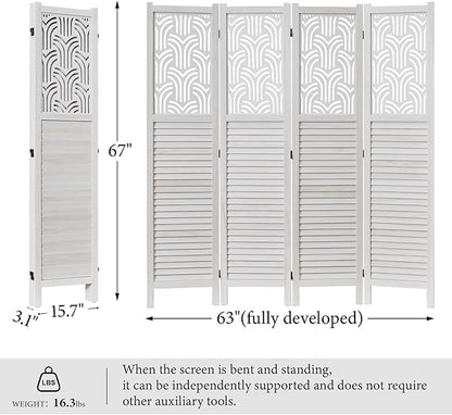 Svimi Folding Room Divider, 66.9 Inch 4 Panels Wood Carved Privacy Screens, Free Assembled Freestanding Portable Separation Wall for Home Office Restaurant Bedroom (White)