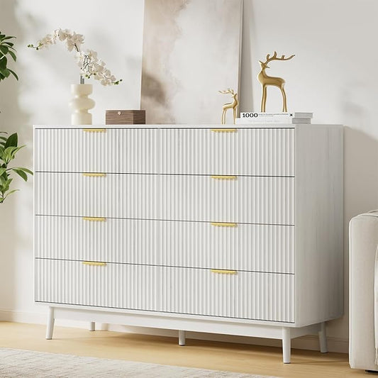 LYNSOM Fluted 8 Drawer Dresser for Bedroom, 55" Wide Modern Chest of Drawers with Curved Profile Design and Metal Handles, Wood Dresser TV Stand & Storage Organizer for Bedroom, Hallway, White