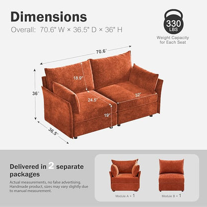 ABCASA Oversized Loveseat Sofa, Modern Modular Sectional Couch Terracotta Orange Fluffy Chenille Mid Century 2-Seat 24.5" Deep Seat for Apartment, Living Room, Bedroom