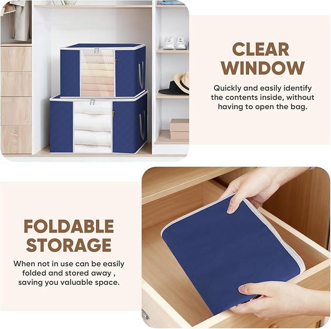 BALEINE 2 Pack Clothes Storage Bags, 16 Gallon Storage Containers with Reinforced Handle, Sturdy Zipper, Closet Organizer for Blanket, Comforter, Pillow, Bedding (Blue, 2 Pack)